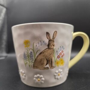 Bluebird and Willow Rabbit Stoneware Mug Yellow Floral Bunny Spring Coffee Cup